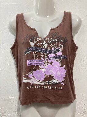 Social Scene Graphic Tank Top Western Cowgirl Rodeo Festival Indie Brown Size L